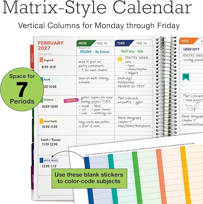 DELUXE TEACHER PLANNER Aug 2026-Jul 2027 8.5x11 Daily Weekly Monthly Organizers with 7 Periods, Pocket Folder, Dated Calendar, Page Tabs, Bookmark and Planning Stickers (Teal Gold Marble)