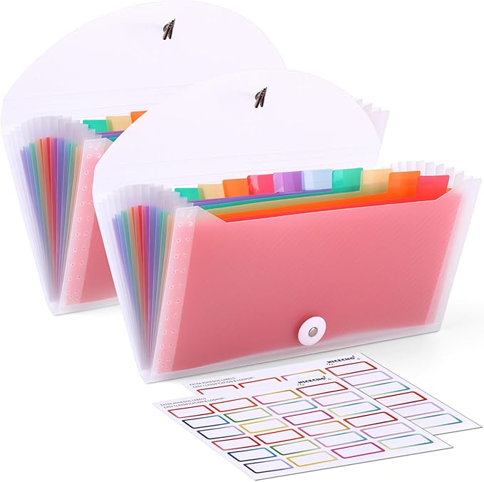 2Pcs Receipt Coupon Organizer, 13 Pockets Small Accordion File Organizer with Labels for Receipt Cards, Bill Business, Coupons Storage, 10.2X 5.1 Inches (Transparent)