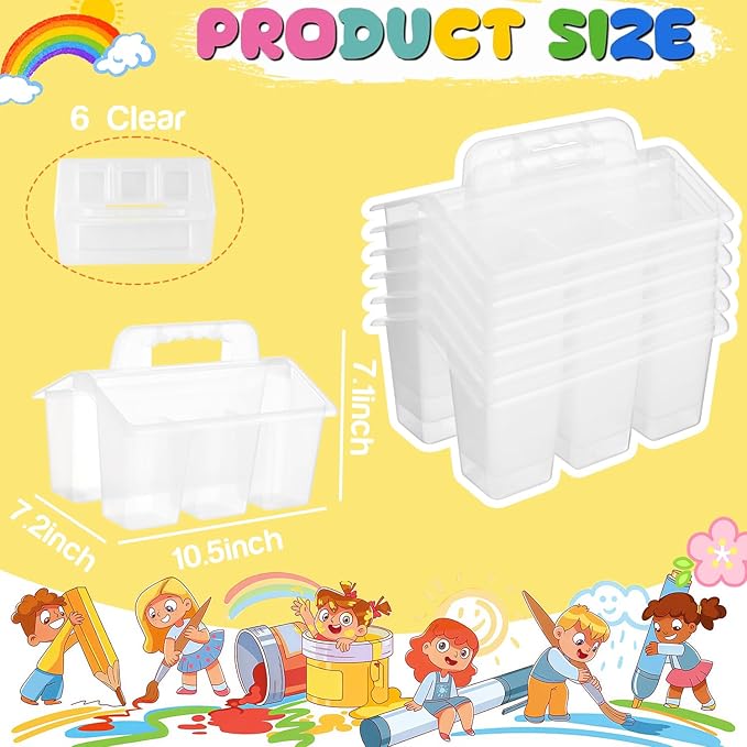 NINU Classroom Caddy Storage Basket with Handle, Plastic Arts Office Crafts Caddy 4 Compartments for Kids, Pencil, Crayon, Marker, School Supplies - 6 Pack Clear