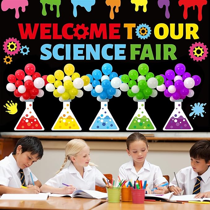 Science Bulletin Board Set 3D Balloon Welcome to Our Science Fair Board Craft for Classroom Decorations Colorful Balloons Chemistry Lab Cutouts for School Library Home Wall Decor Supplies