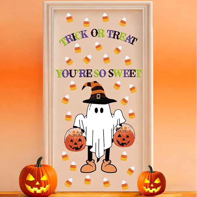 Whaline 62Pcs Halloween Bulletin Board Door Decorations Pumpkin Ghost Candy Corn Paper Cutouts with 100Pcs Glue Points for Trick or Treat Party Classroom Chalkboard Wall Decor