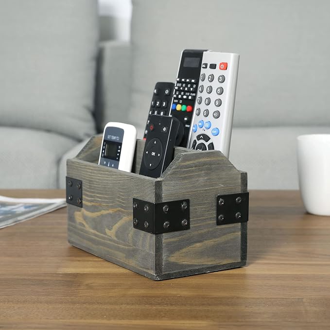 MyGift Vintage Gray Wood TV Remote Control Organizer Holder Storage Caddy for Table with 2 Compartments and Decorative Black Metal Wrap Accents