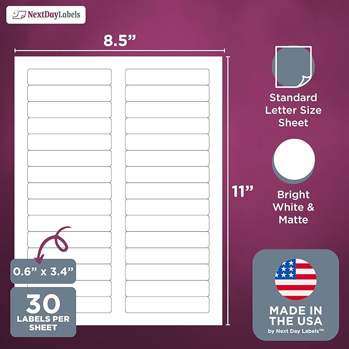 NextDayLabels 0.66x3.43 Inch Rectangle File Folder Labels White for Laser Inkjet Printer - 30 Per Sheet Self-Adhesive Organization Filing Made in USA - 1500 Labels