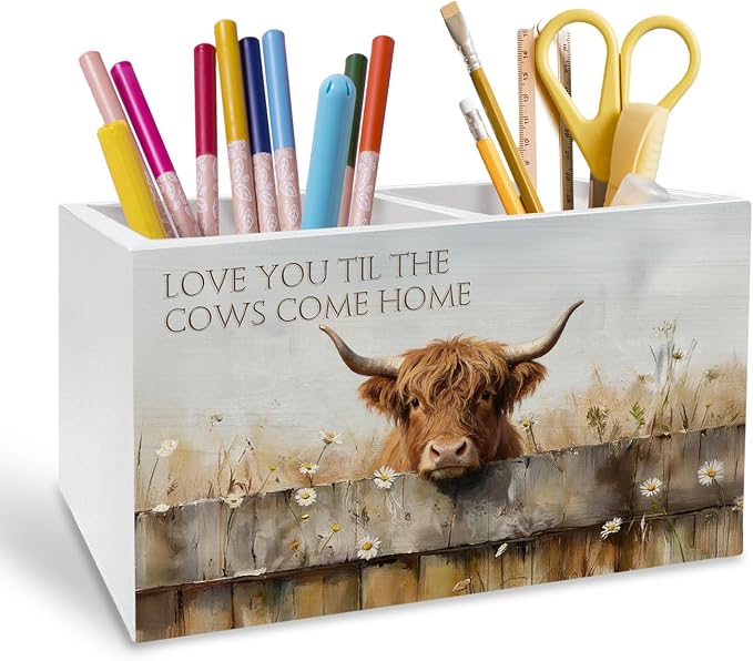 Farmhouse Highland Cow Pen Holder for Desk, Highland Cow Lover Gifts Pencil Organizer, Love You Til the Cows Come Home Wooden Box Sign Desk Decor for Home Office Decoration