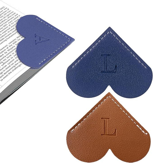 2Pcs Personalized Leather Heart Bookmark with Initial, 26 Letters Custom Corner Page Book Mark for Reading Women, Book Lovers, Teachers, Students, Cute Book Accessories Gifts(Blue+Dark Brown, L)
