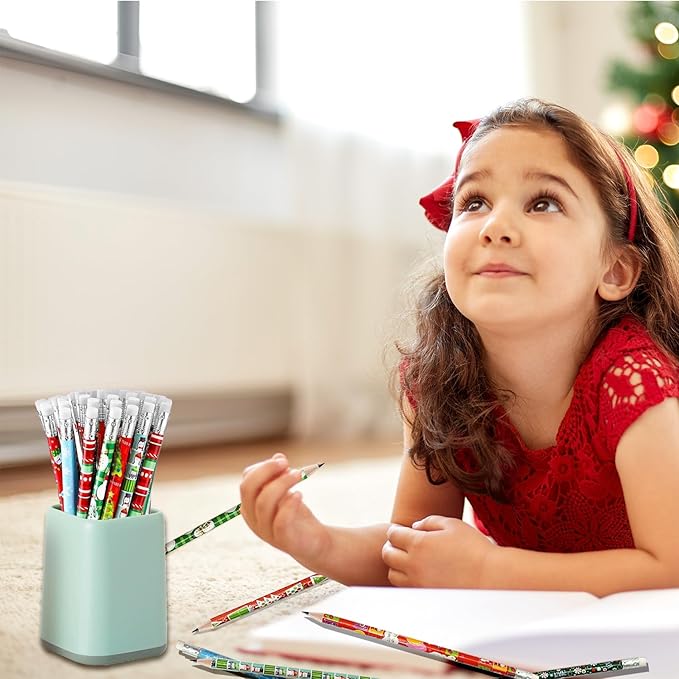 48Pcs Christmas Pencils for Kids, Christmas Wooden Holiday Pencils with Erasers, Santa, Snowman, Reindeer Designs for Classroom Party Favors, Stocking Stuffers, Xmas Gift Supplies, School Supplies