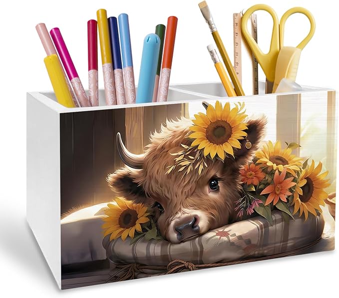 Sunflower Highland Cow Pen Holder for Desk, Highland Cow Lover Gifts Pencil Organizer, Cottagecore Wildflower Heifer Wooden Box Sign Desk Decor for Farmhouse Home Office Decoration