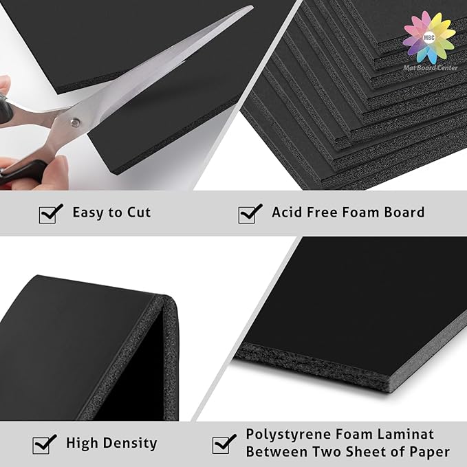 Mat Board Center, Acid Free Foam Boards 11 x 14 Inch, Black Foam Core, 10 Sheets