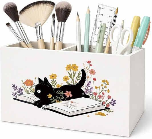 Cat Book Pen Pencil Holder for Desk Cat Lovers Gifts, Black Cat Lovers Gifts for Women,Floral Book Wooden Box Sign Decorations for Reading Room Corner Nook Desk Tabletop