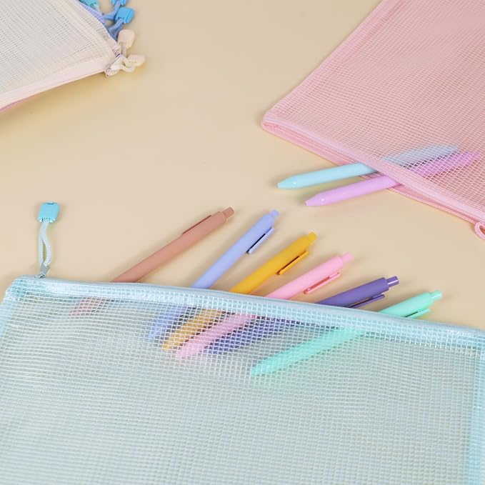 MultiBey 20 Pack A4 Mesh Zipper Pouch Bags with Labels, Waterproof Plastic Zipper Pouches for Organizing Board Games, Puzzles, Documents Office Supply and Home Organizer, 5 Macaron Colors