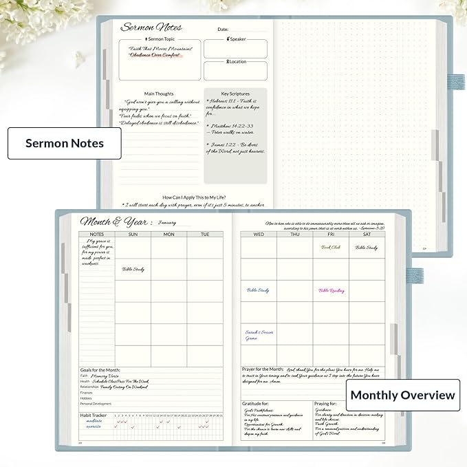 SUNEE Christian Bible Study & Prayer Journal – Undated 6-Month Scripture Notebook for Daily Devotional & Faith Growth, Meaningful Religious Gift for Women, Men, Pastor or Graduation (Grey Blue)