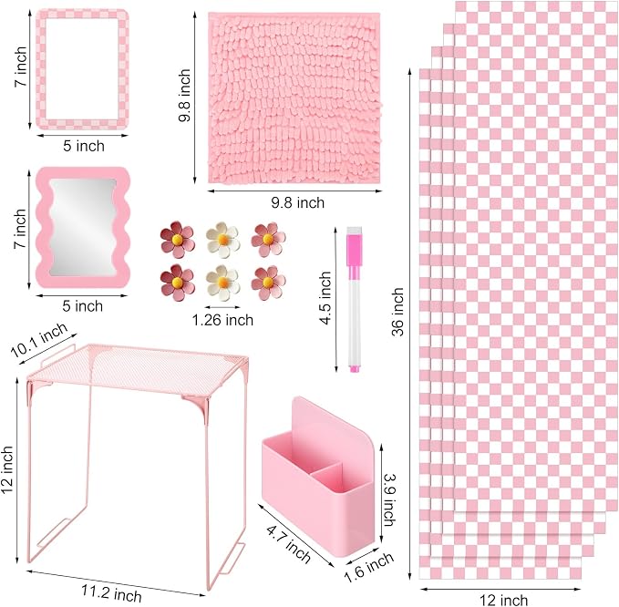 Eaasty 16 Pcs Locker Accessories Kit for Locker Organizer Shelf Checkerboard Wallpaper Magnetic Whiteboard Magnet Mirror Dry Eraser Marker Rug Flower Magnets Back to School Party (Pink Checkered)