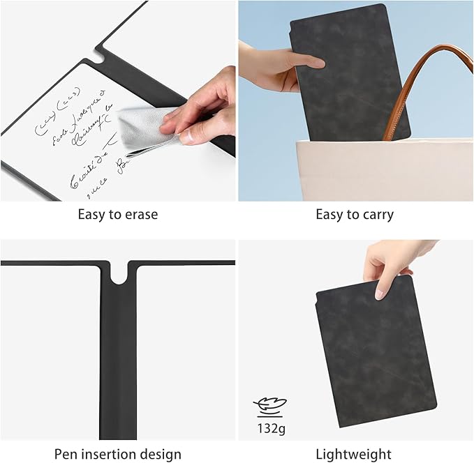 SAYEEC Whiteboard Notebook, Portable Dry Erase Board with 3 Colors Fineliner Pens, Black PU Cover Erasable Handheld White Board Reusable Drawing Notebook Easel Pad for Meeting Business Office School