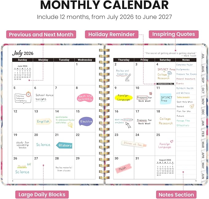 Planner 2026–2027, Academic Planner Weekly and Monthly Calendar Jul 2026 – Jun 2027 Hardcover Planner with Tabs and Pocket, Spiral Bound Agenda Book for Student & Teacher, 6.3" x 8.5", Soft Blossoms