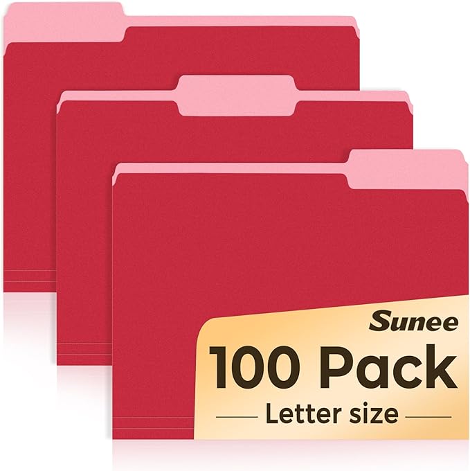 SUNEE File Folders Letter Size Red, 100 Pack Manilla Folders 8.5 x 11 1/3-Cut Tabs, Colored File Folders Office Home School for Documents Files Paper