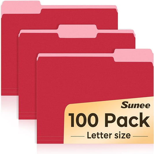 SUNEE File Folders Letter Size Red, 100 Pack Manilla Folders 8.5 x 11 1/3-Cut Tabs, Colored File Folders Office Home School for Documents Files Paper