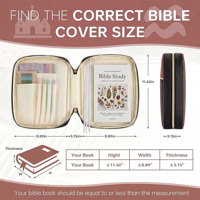 Bible Cover Bible Book Cover Bible Case for Women Canvas Carrying Case Book Protector Quilted Vegan Leather Bible Covers Study Supplies Accessories (Black-Brown, One Size)
