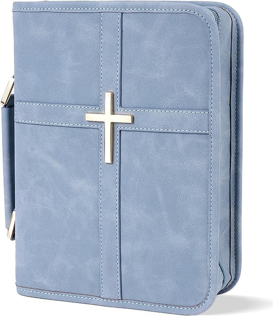 Vegan Leather Bible Cover Case, Bible Bag with Phone Pocket, Bible Case for Women, Christian Gift Box Packaging (Light Blue)
