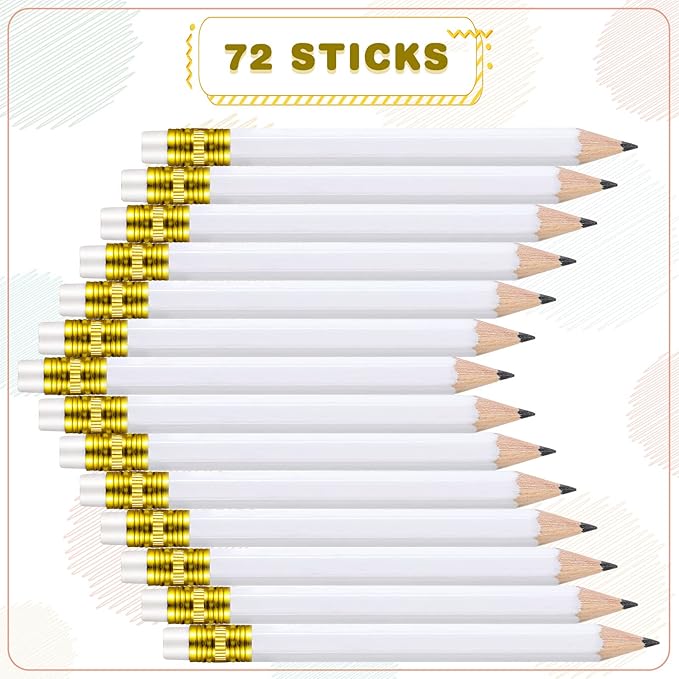 Zonon 72 Pcs 4 Inch White Golf Pencils Small Mini Half Pencils with Eraser Wedding Pre Sharpened Hexagon 2 Short HB Gifts for Bridal Shower Office Writing Drawing Gift(White)