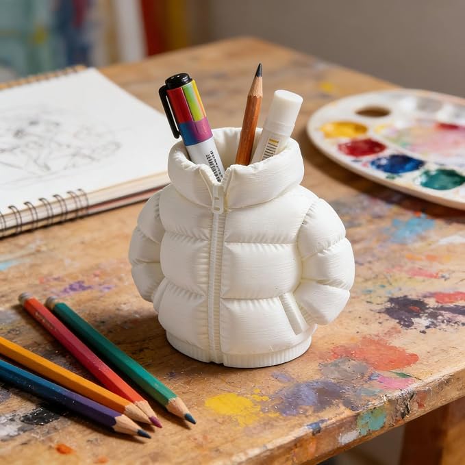 YOKUSHI Down Jacket Pen Holder, 3D Printed Funny Puffer Jacket Pencil Holder, Creative Desk Organizer for Office Supplies, Cute Unique Stationery Holder for Desk, Quirky Gift for Women Men (White)