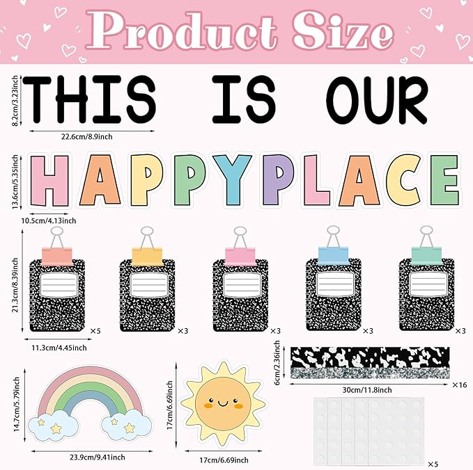 Composition Bulletin Board Decorations Set Welcome Back to School Classroom Decoration This is Our Happy Place Bulletin Board Rainbow Paper Cutouts for School Classroom Chalkboard Wall Decor Supplies