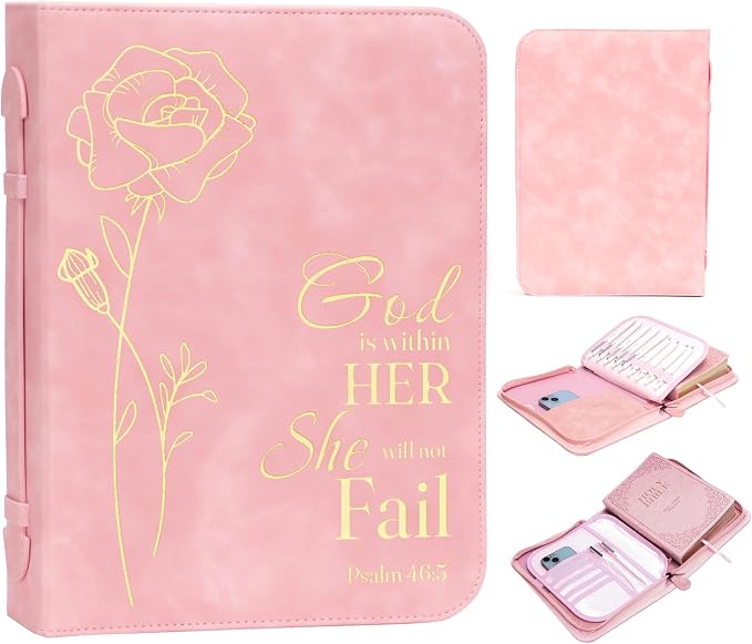 Bible Cover for Women, Bible Holder, Bible Cover Carrier Carrying Organizer Bag, God is Within Her She Will Not Fall, Zipper and Pockets for Standard Size Bible, Gift for Women(Pink-glod)