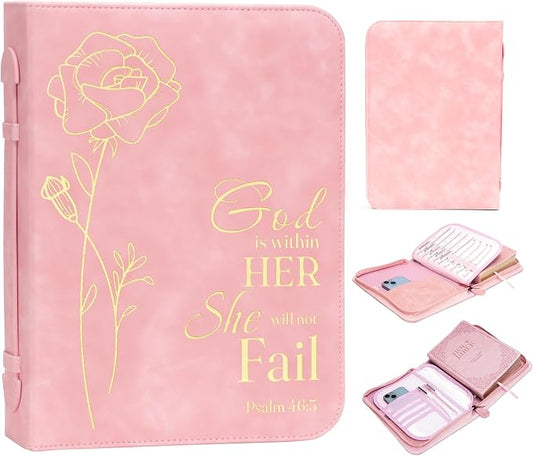 Bible Cover for Women, Bible Holder, Bible Cover Carrier Carrying Organizer Bag, God is Within Her She Will Not Fall, Zipper and Pockets for Standard Size Bible, Gift for Women(Pink-glod)