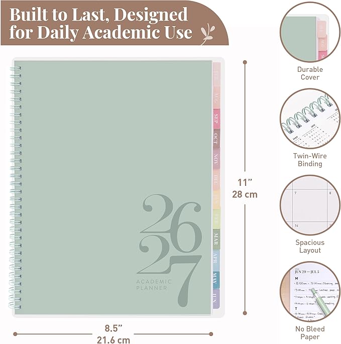 Rileys Academic Planner 2026-2027, Daily, Weekly & Monthly Planner, July 2026 - June 2027, Student Notes Pages, Twin-Wire Binding, Weekly Agenda for School & Work (8.5 x 11-Inches, Classic, Green)