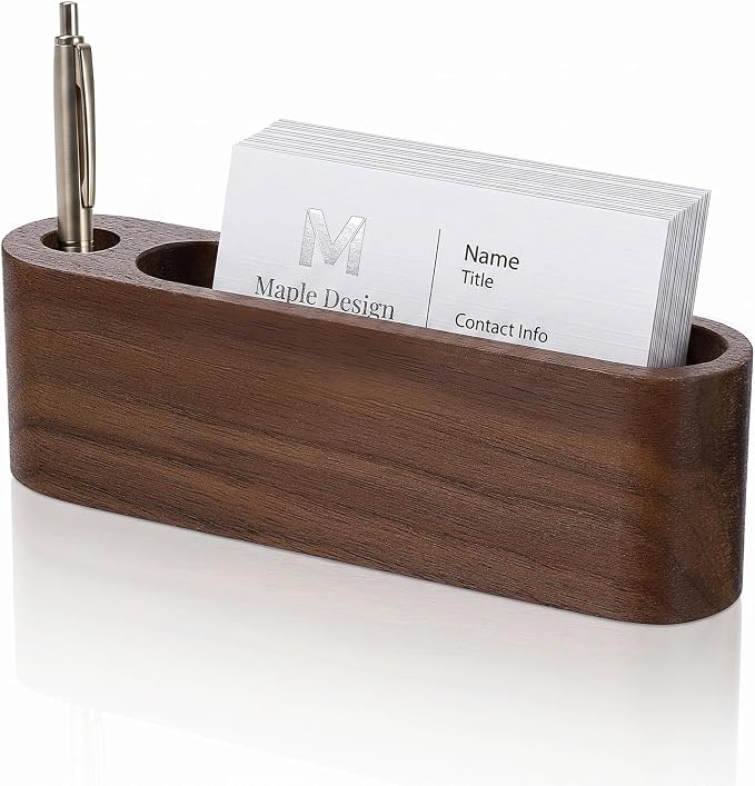 Wooden Desktop Name Card Display Stand with Pen holder, Business Card Holder for Desk, Minimalist Wooden Desk Organizer, Office Desk Accessories for Office Home Tabletop Exhibition
