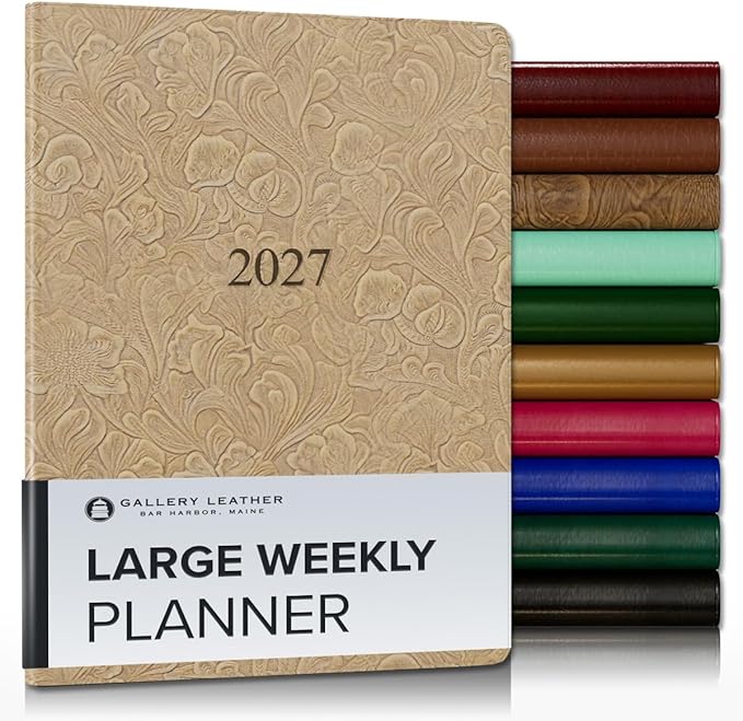 Gallery Leather Large Weekly Monthly Planner 2027, Elegantly Bound Calendar Planner and Notebook with Stylish Gold-Gilded Page Edges, 12 Months - Floral Latte - 9.75x7.5"