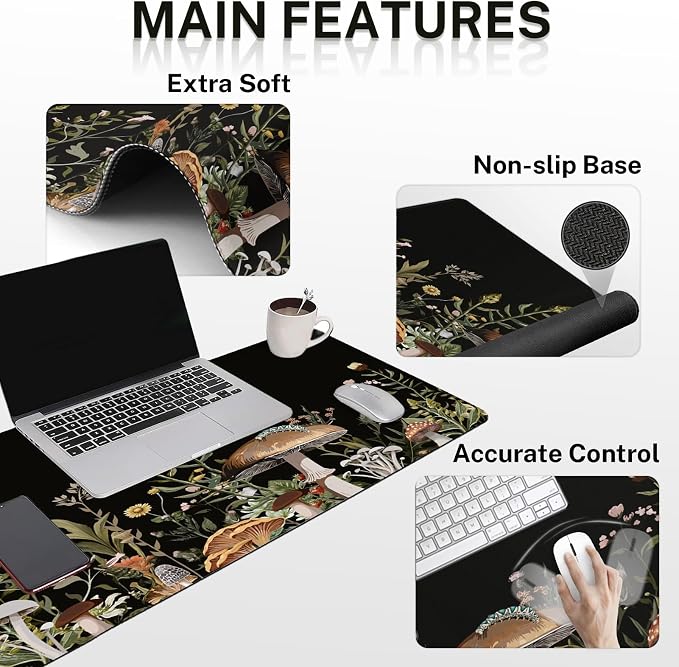 Britimes Black Mushroom Floral Keyboard Mouse Pad Set Plant Flower 4in1 Large Mousepad+Keyboard Wrist Rest+Mouse Wrist Rest+Coaster Ergonomic Design for Home Office Computer 35.4x15.7 inches