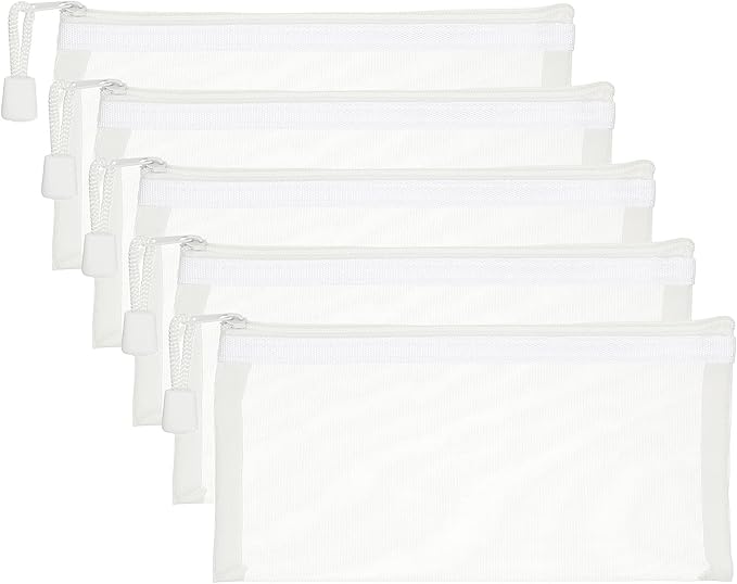 PATIKIL A6 Mesh Zipper Pouch Bags, 5 PCS Mesh Bags with Zipper Plastic Storage Pocket for Organizing File Beads Office Home Supplies, 10x20cm, White