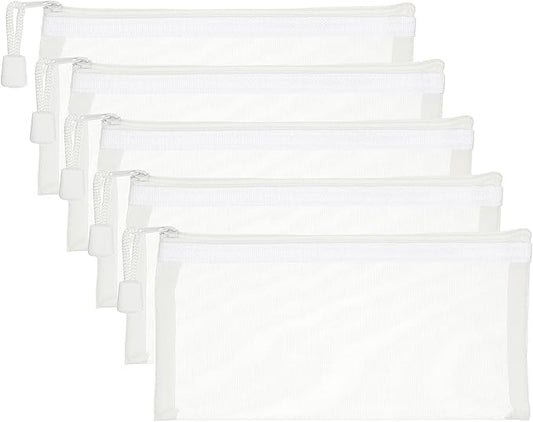 PATIKIL A6 Mesh Zipper Pouch Bags, 5 PCS Mesh Bags with Zipper Plastic Storage Pocket for Organizing File Beads Office Home Supplies, 10x20cm, White