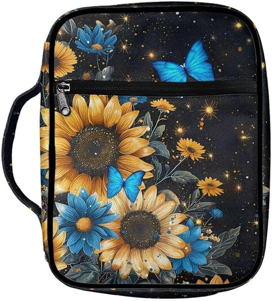Coldinair Galaxy Bible Cover for Women Teens Kid Girls,Butterfly Sunflower Carrying Book Case Church Bag Bible Holder with Handle and Zippered Pocket