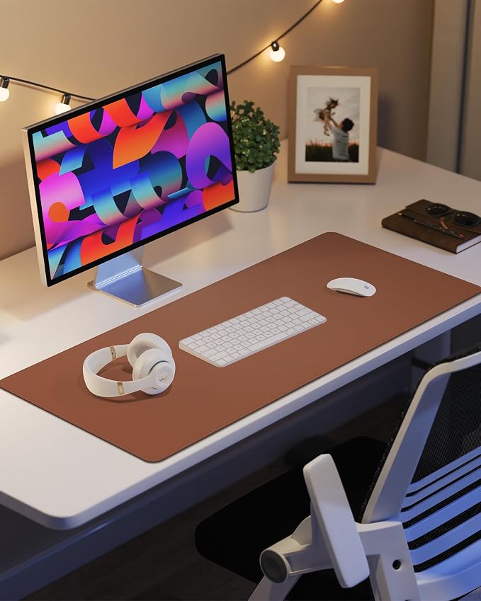 AFIING Desk Pad Protector 23.6" x 13.7" - Non-Slip Waterproof PU Leather Desk Mat for Mouse, Keyboard, Laptop, Office and Home Workspace (Brown)