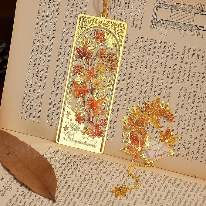 icceemee 2PCS Maple Leaf Theme Bookmark, Cute Bookmark for Women with Hollow-Out Square & Irregular Design, Natural Tassel Book Marks Set in Gift Box, for Book Lovers