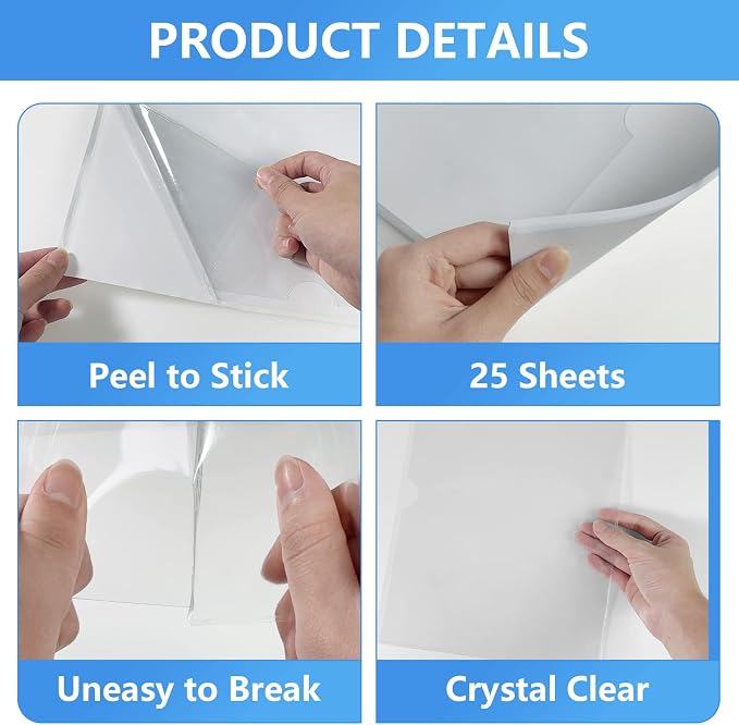 8.5" x 11" Peel & Stick Letter Size Pocket, Crystal Clear 8.5 x 11 Adhesive Wall Pockets- 7 Pack