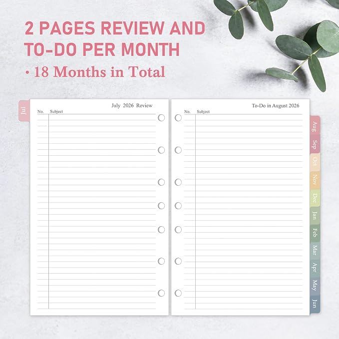 2026-2027 Monthly Planner Refill for A5 7-Ring Binders, 5.5" x 8.5" Medium Size Planner Inserts, Jul. 2026 - Dec. 2027, 18 Monthly Calendars with Colorful Laminated Tabs, 7-Hole Punched