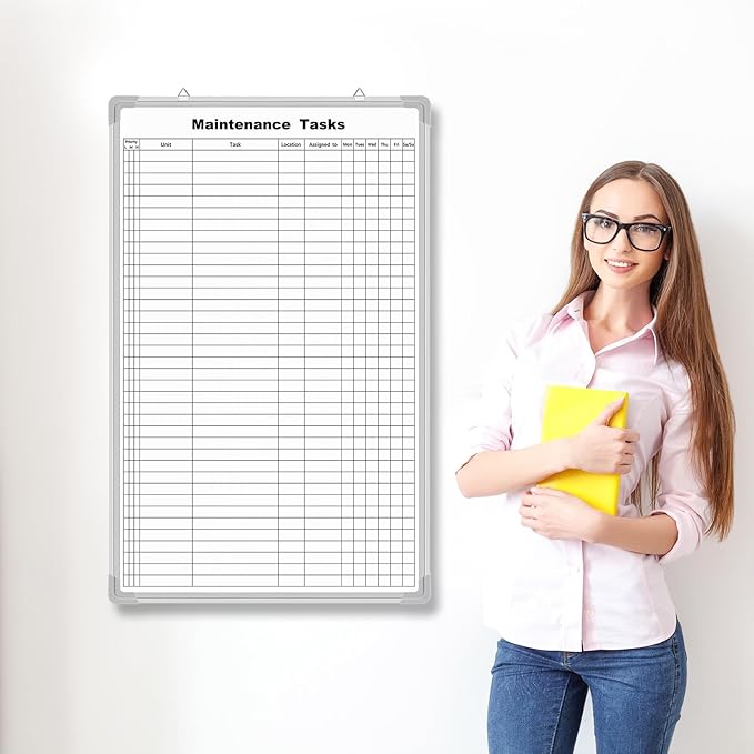 AmazingSpark Lined Whiteboard Blank Grid Aluminum Frame Dry Erase Board Reusable Wall Mounted Board for Scheduling, to Do Lists Weekly Planning Home Work(36 x 24 Inch,Vertical Maintenance Tasks)