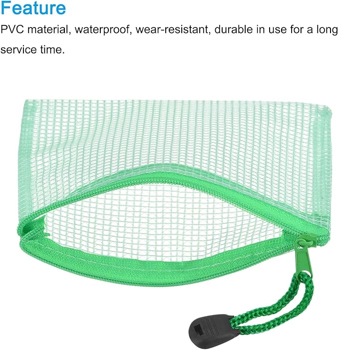 MECCANIXITY Mesh Zipper Bags, A6 Size File Document Pockets Bill Pouch Folders for Office Home Supply, Green Pack of 3