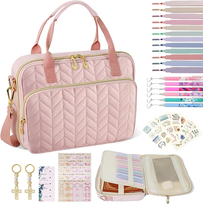 Bible Cover Case for Women, Large Qilted Bible Case with Shoulder Strap,Study Supplies and Highlighters Accessories - Perfect Christian Gift for Church, Travel (Pink,one Size)