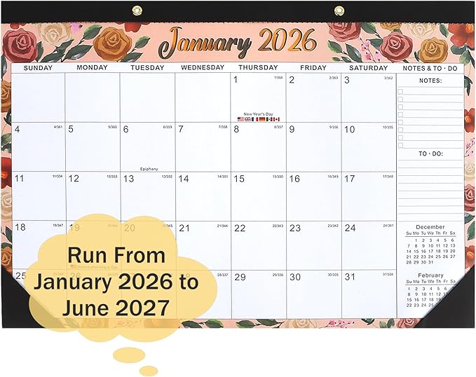 Desk Calendar 2026, Wall Calendars 2026-2027, 18 Month Calendar Runs from Jan 2026 - Jun 2027, 17" x 12" Large Flower Wall Calendars Desktop Monthly Planner for Home Office Teacher School Supplies