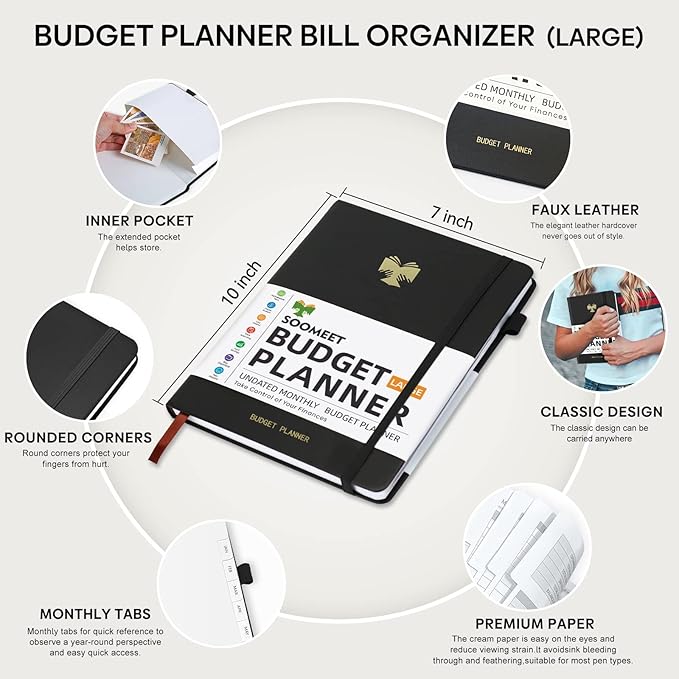 Budget Planner with Monthly Tabs - 7" x 10" Hardcover Budget Book, Monthly Bill Organizer with Pockets, Undated Finance Planner with Expense Tracker Notebook to Take Control Your Money- Black
