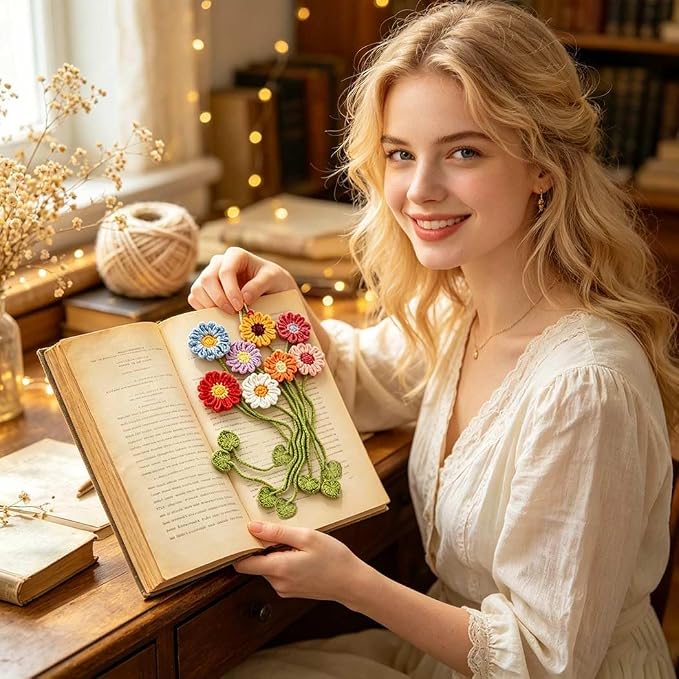 Yuboo 8 Pack Crochet Flower Bookmarks for Women, Daisy Flower Handmade Personalized Cute Funny Girly Birthday Book Marks for Reading, Gifts for Book Lovers Girls Teachers