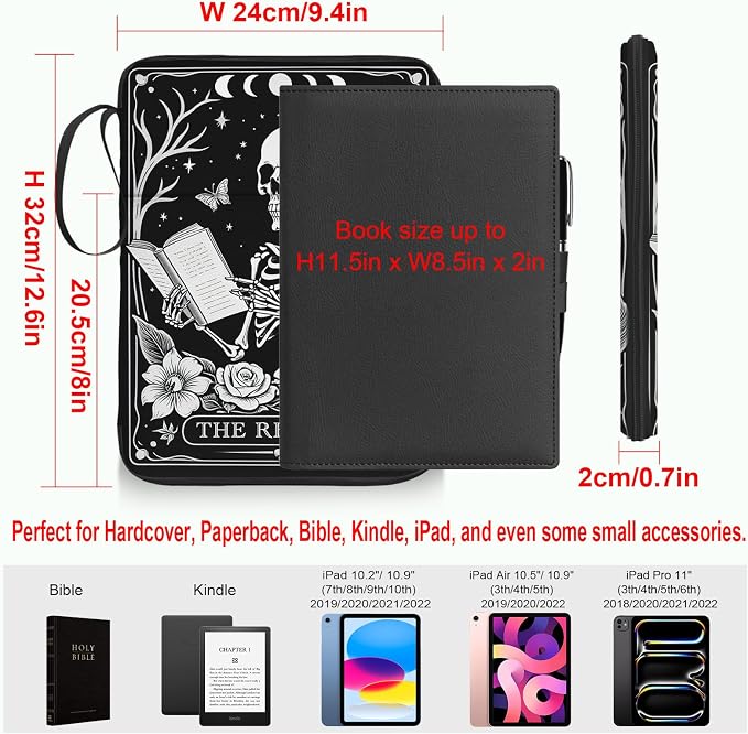Skull Book Sleeve for Book Lovers, Paperback Book Protector Case, PU Leather Waterproof Book Pouch with Zipper, Gothic Skeleton Print Book Carrying Case for Hardcover, Book Cover for Men Boys