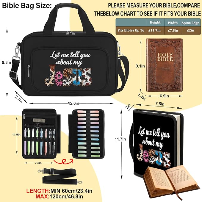 Super Roomy Bible Bag with Cozy Bible Cover, Bible Case with Faith Journaling Kit, Bible Tabs, Adjustable Strap, Pens, Highlighters and Cross Clips for Bible Study, Church and Holy Vibe Gift for Women
