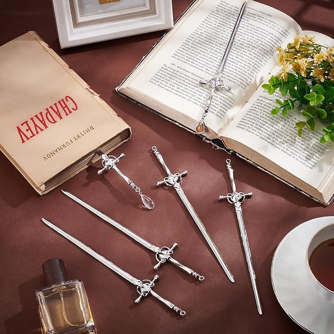 UNICRAFTALE 6Pcs Sword Bookmarks Hair Pins Sticks Vintage Platinum Metal Pendant Bookmarks Sword Hair Pin Ancient Large Sword Bookmark Charms for Reading Crafting Gifts Book Lovers Presents