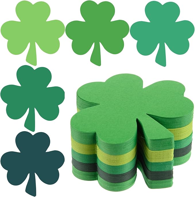 MixTeach 360 Pcs St. Patrick's Day Shamrocks Cutouts 4 Inch Paper Clover Cut-Outs Assorted Green Clover Shape Die Cuts for Irish St. Patrick's Day Party Kids School Craft Project Bulletin Board Decor