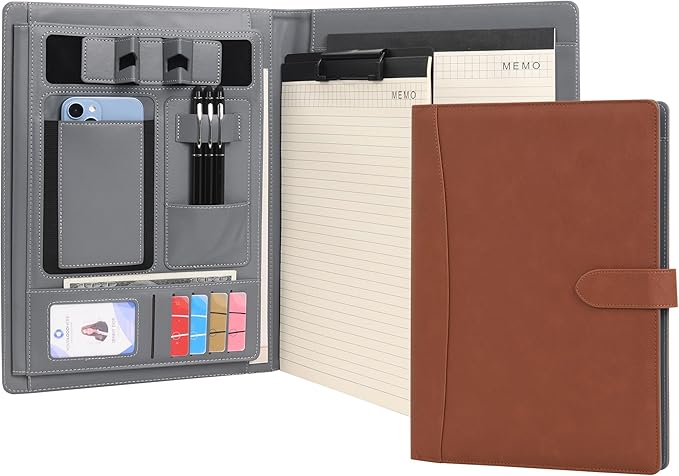 Wason Portfolio Padfolio A4 Leather PU Folder File Document Holder Case with Writing Pad and Removable Clipboard for Organizer Office Travel School (Brown)