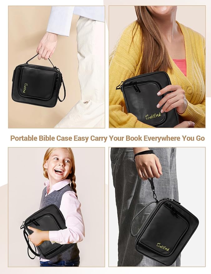 Men's Leather Bible Cover with Zipper Pockets - Black Bible Carrying Case for Church, Study, Travel - Protective Bible Cover Case for Men, Women, Boys